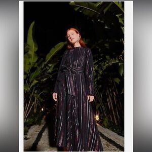 NWOT FARM RIO Sz S Metallic Lurex Stripes Long Sleeves Midi Dress